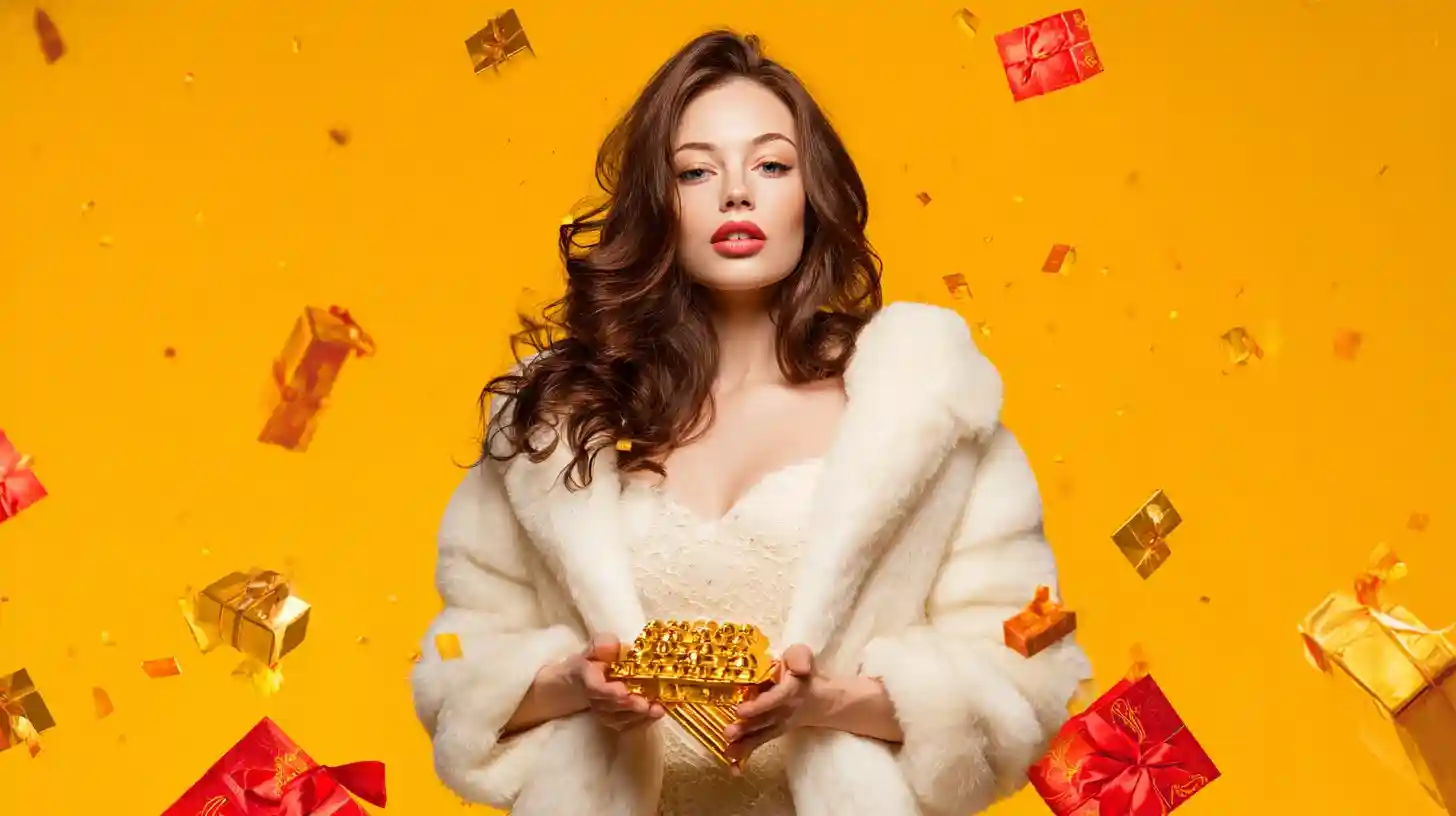 Woman with gold coins and a mobile screen showing current bonuses