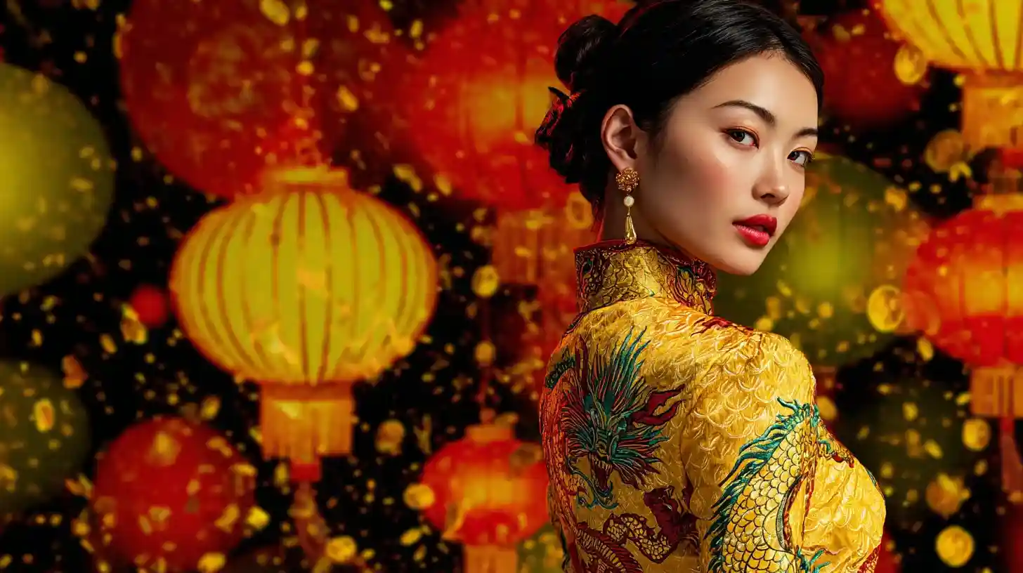 A young woman in a traditional yellow dress with lanterns background