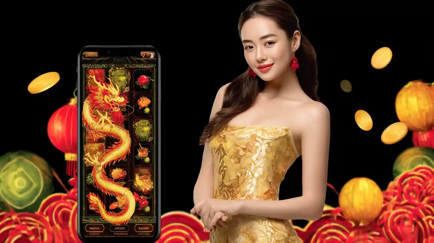 Woman dressed in festive attire with colorful lanterns