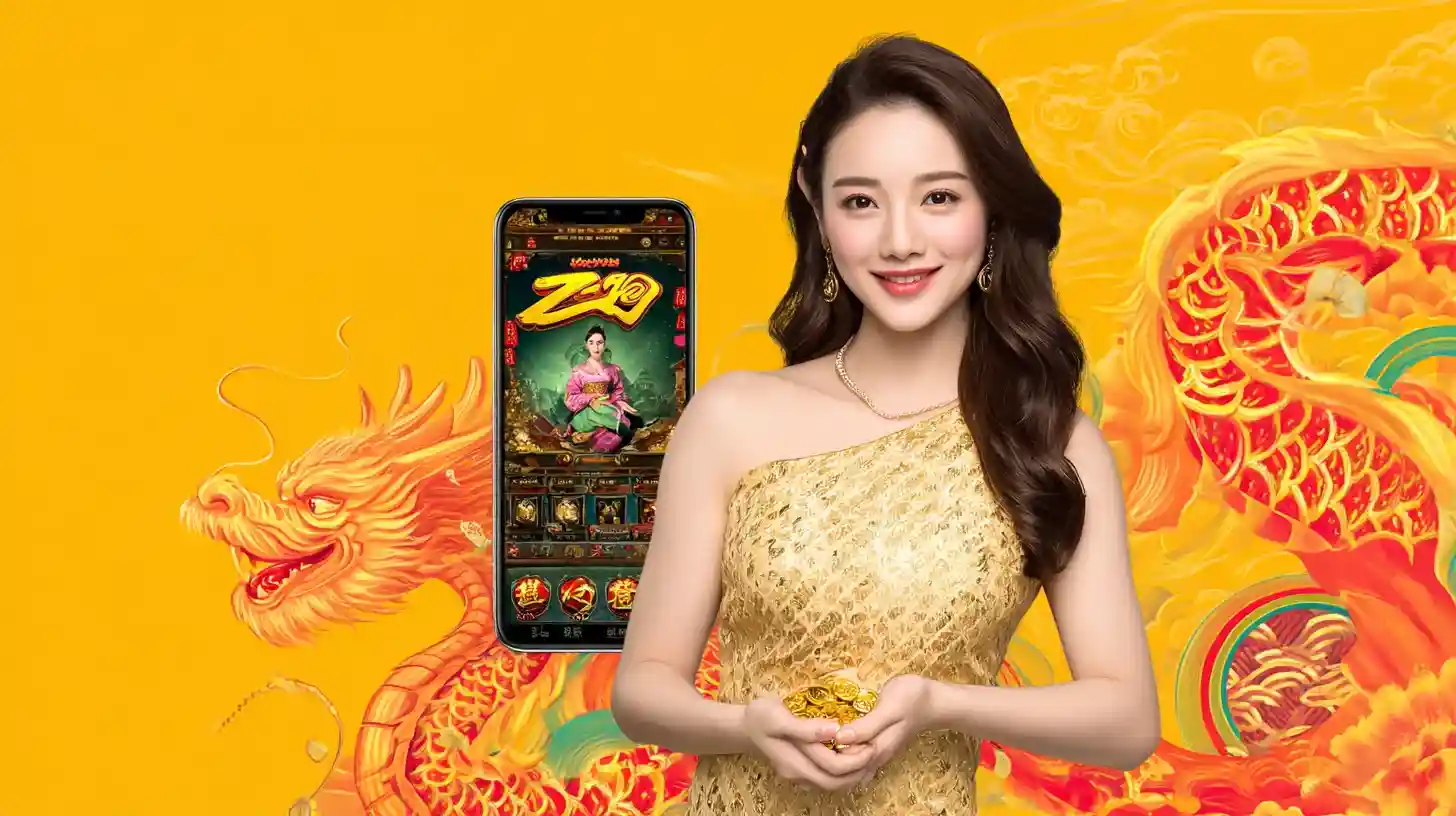 Woman presenting a live casino game with a golden dragon backdrop