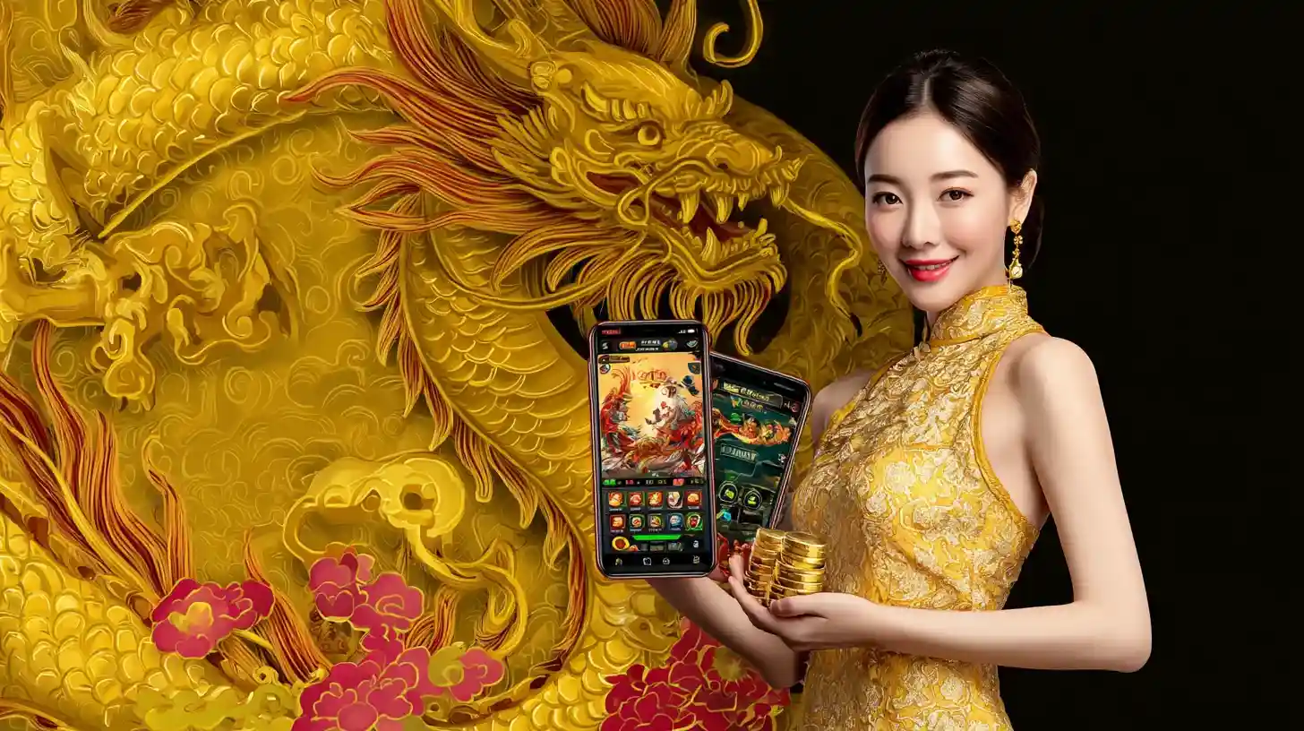 Woman holding a smartphone displaying a dragon-themed slot game